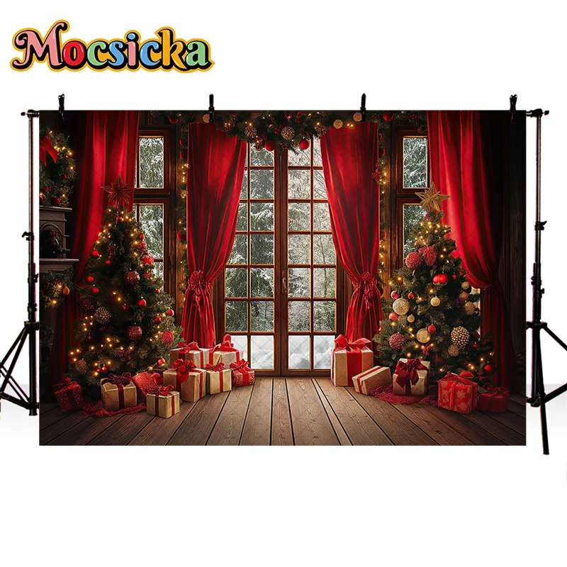 Mocsicka Photography Background Winter Christmas Window Gifts Xmas Tree Kids Family Holiday Portrait Decor Backdrop Photo Studio