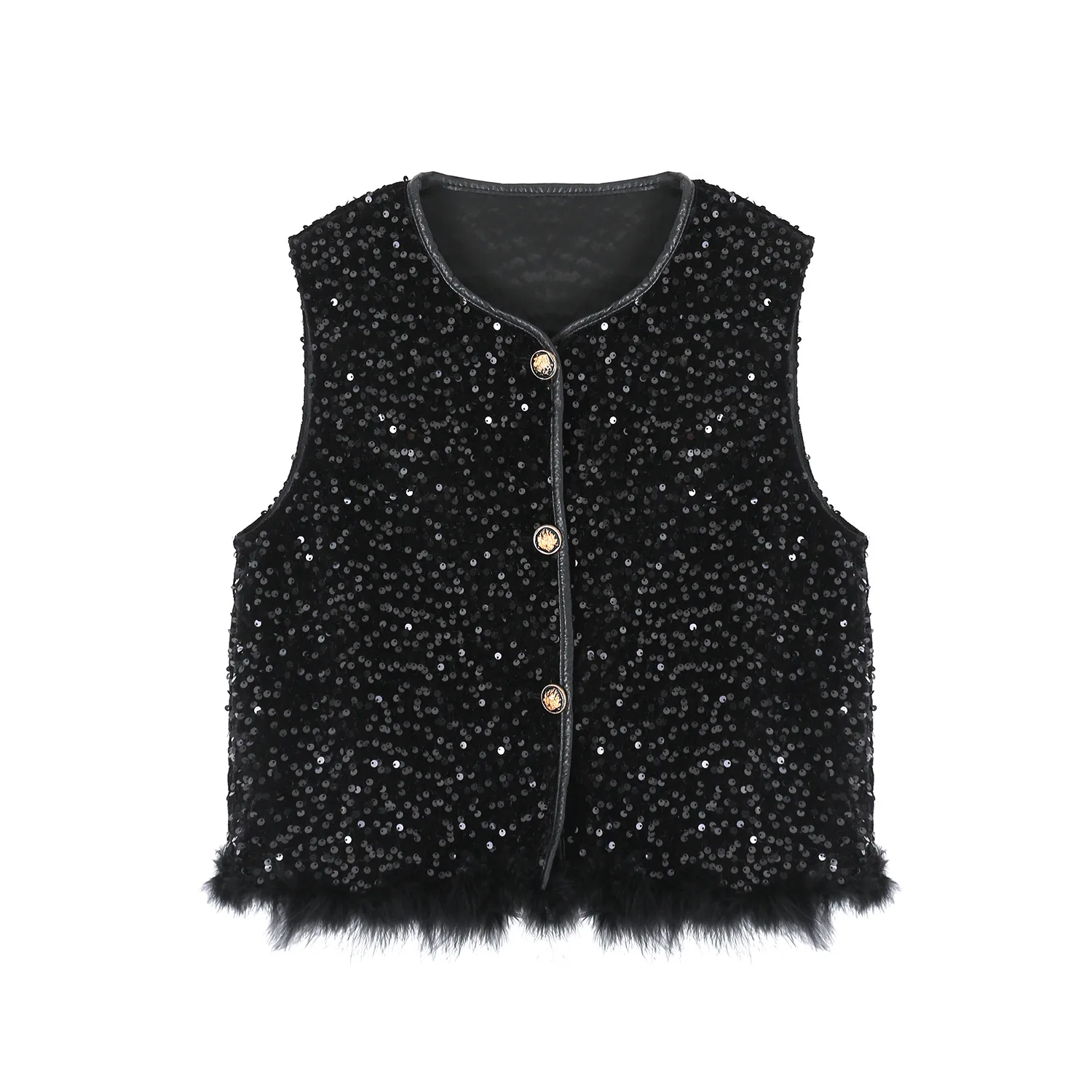 

Кардиган без рукавов, женский жилет, пальто, Ropa Mujer, 2021, лоскутные жилеты с круглым вырезом и перьями, винтажные майки с тяжелыми блестками, топы