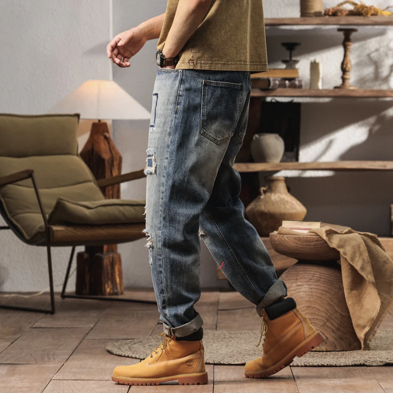 

BYCL908 American retro tide leisure fashion heavy wash new loose personality hole patches Harlan jeans men