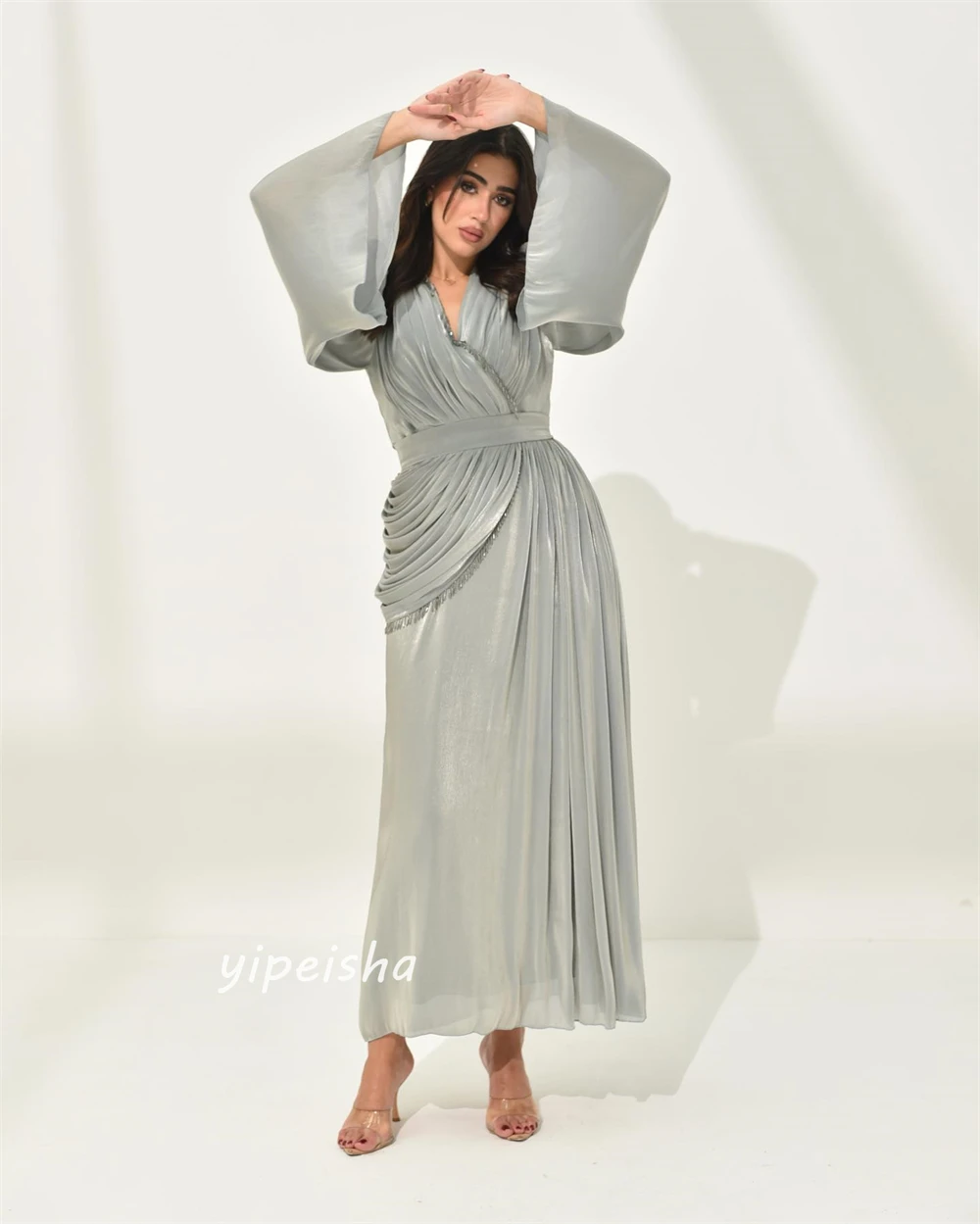 Satin Draped Beading Prom A-line V-neck Bespoke Occasion Gown Midi Dresses