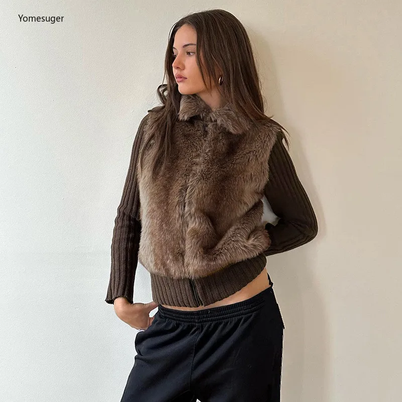 

Yomesugar Knitted Patchwork Warm Thick Fur Coat Women Autumn Trend Lapel Full Sleeve Zipper Coat Winter Outerwear Y2k Streetwear