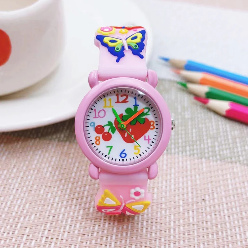 Relojes de pulsera con correa de mariposa de dibujos animados en 3D para niños y niñas pequeños, relojes digitales de calidad con cara de fresa roja