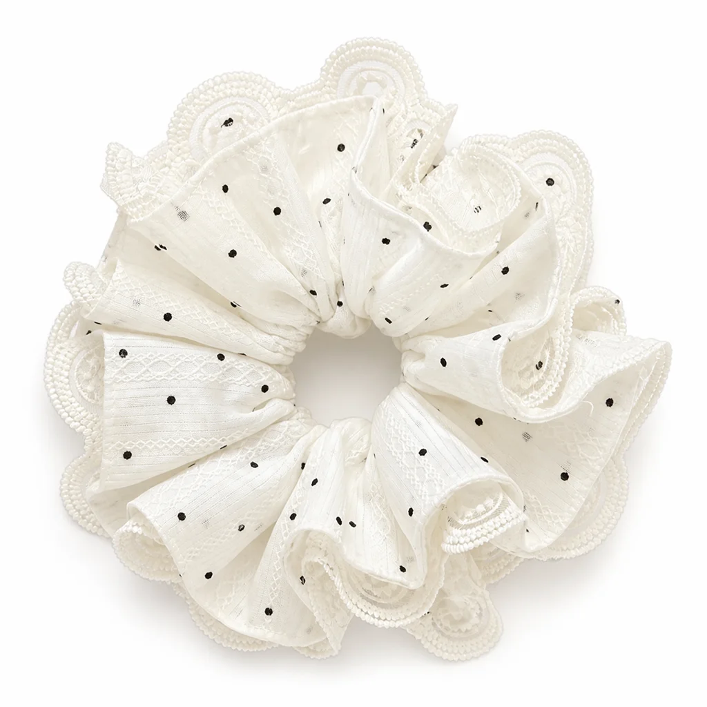 ivory-black-polka-dot-scalloped-ruffle-single-layer-scrunchie-oversized-handmade-hair-tie-for-women