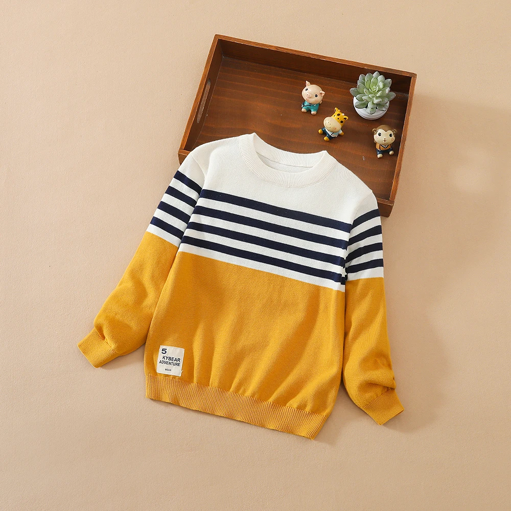 Boys Long Sleeves Sweater Kids Warm Cotton Knitted Clothing Long Sleeve Round Collar Striped Pullover Sweatshirt