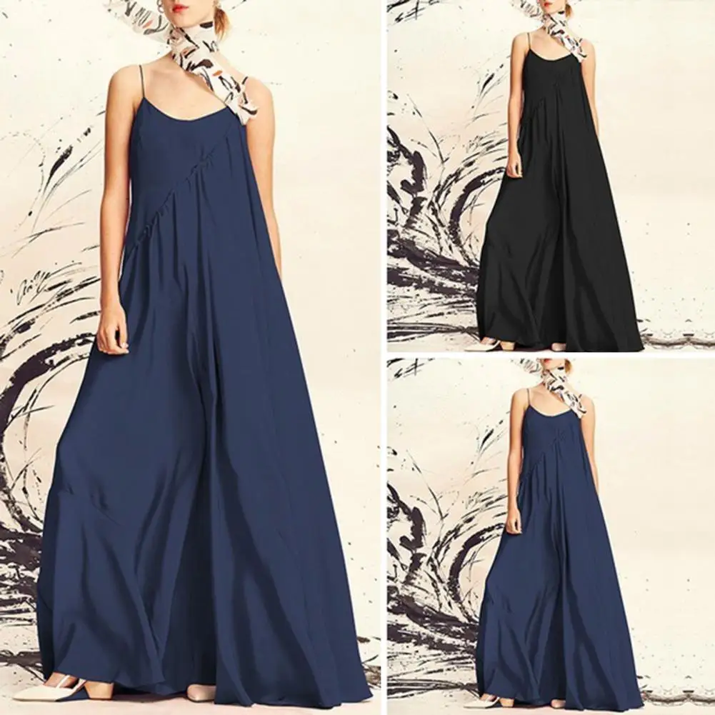 Elegante vestido maxi feminino com alças de esparguete, monocromático, sem encosto, linha A, longo, verão