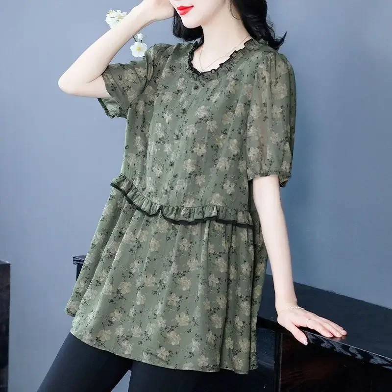 

New Chiffon Shirt Chic and Loose Belly-covering Fashionable Floral Top Women's High-end