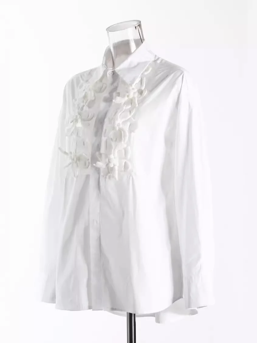 Fato de algodão branco elegante feminino, camisa, mangas completas, flor oca sexy, moda casual, casaco de menina quente, outono, 1 peça