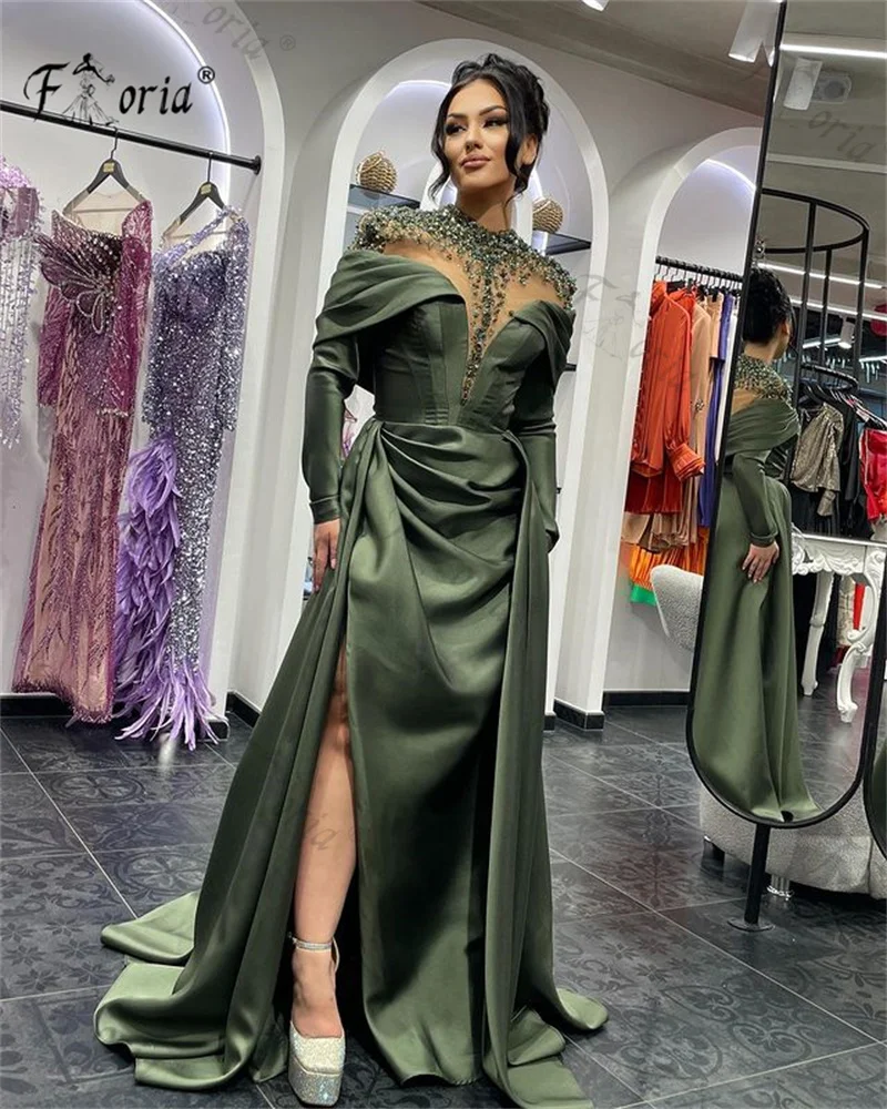 Elegant Green Crystal Satin Evening Dresses with Overskirt Dubai Long Sleeve Slit Beaded Wedding Party Gown Vestidos de noche