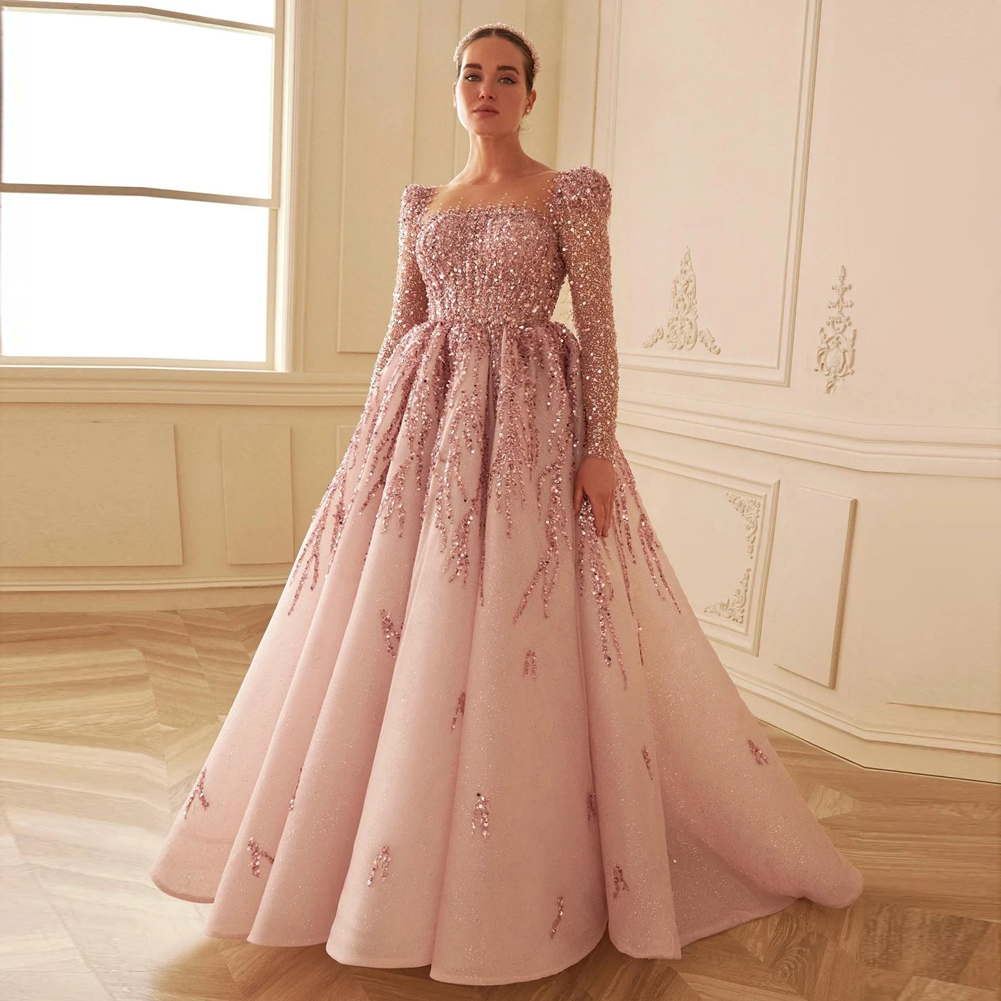 Sparkly Crystal Long Sleeve Prom Dress Dusty Pink Luxury Evening Dresses For Women Wedding Party Arabic Muslim Formal Prom Gowns