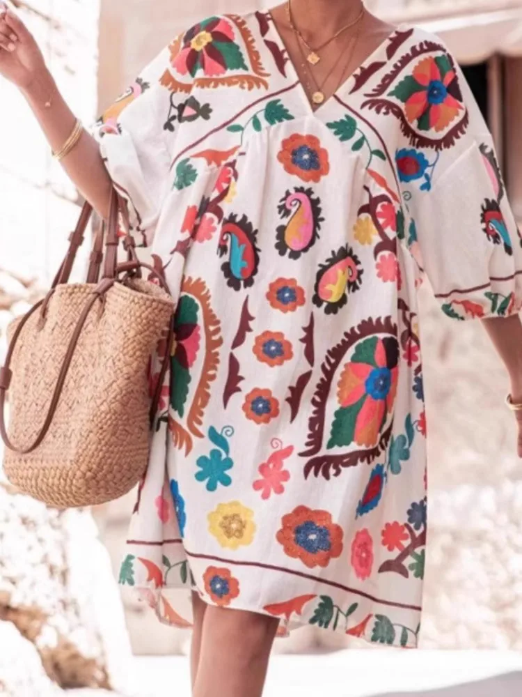 Fashion Print Loose Dress For Female Casual V Neck Three Quarter Pullover Dresses Women Boho Holiday Beach Skirt Womens Clothing