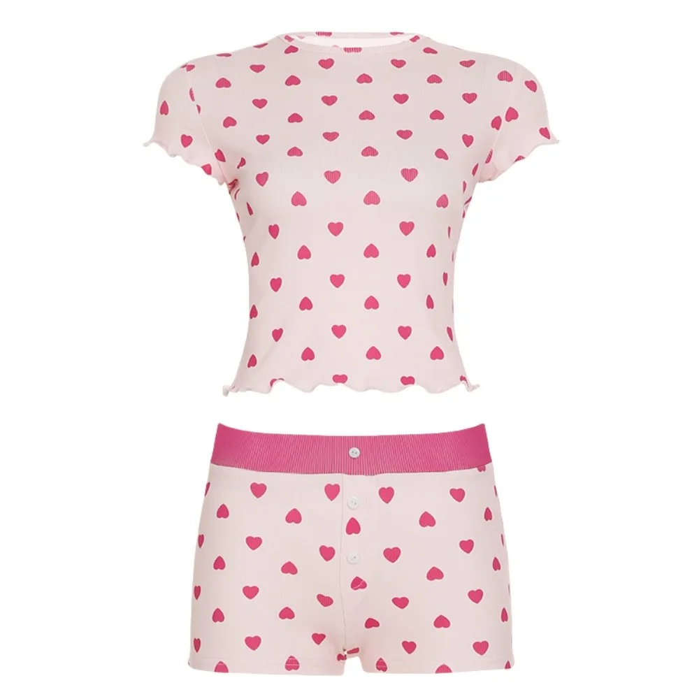 

Fashion Sweet Short Sleeve Pajamas Set Thin Euffle Camisole Shorts Nightdress Homewear Heart Two Pieces Nightwear Home