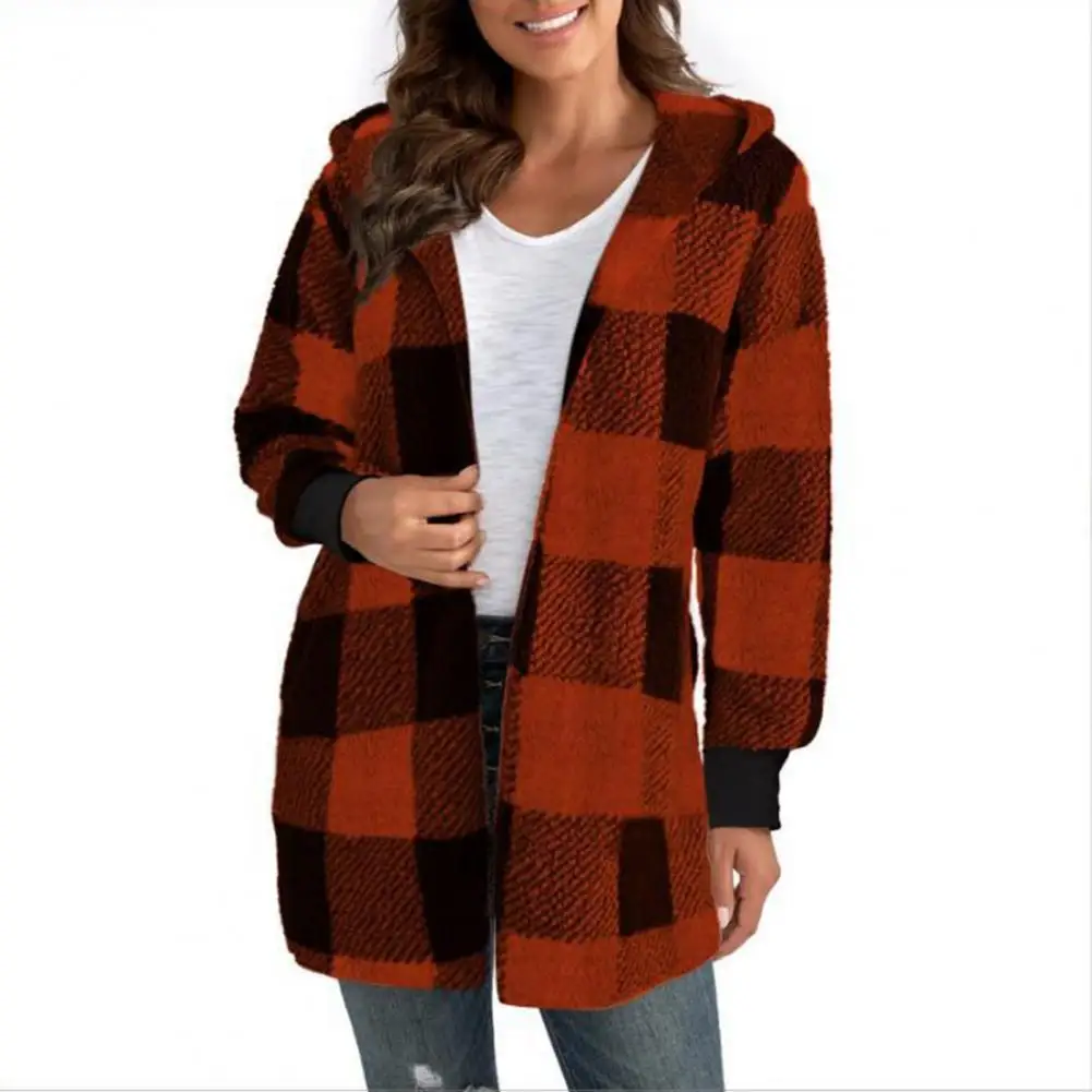 Lightweight Cardigan Jacket Women Sweater Coat Plaid Print Knitwear Hooded Sweater Coat for Women Open Front Long Sleeve Loose