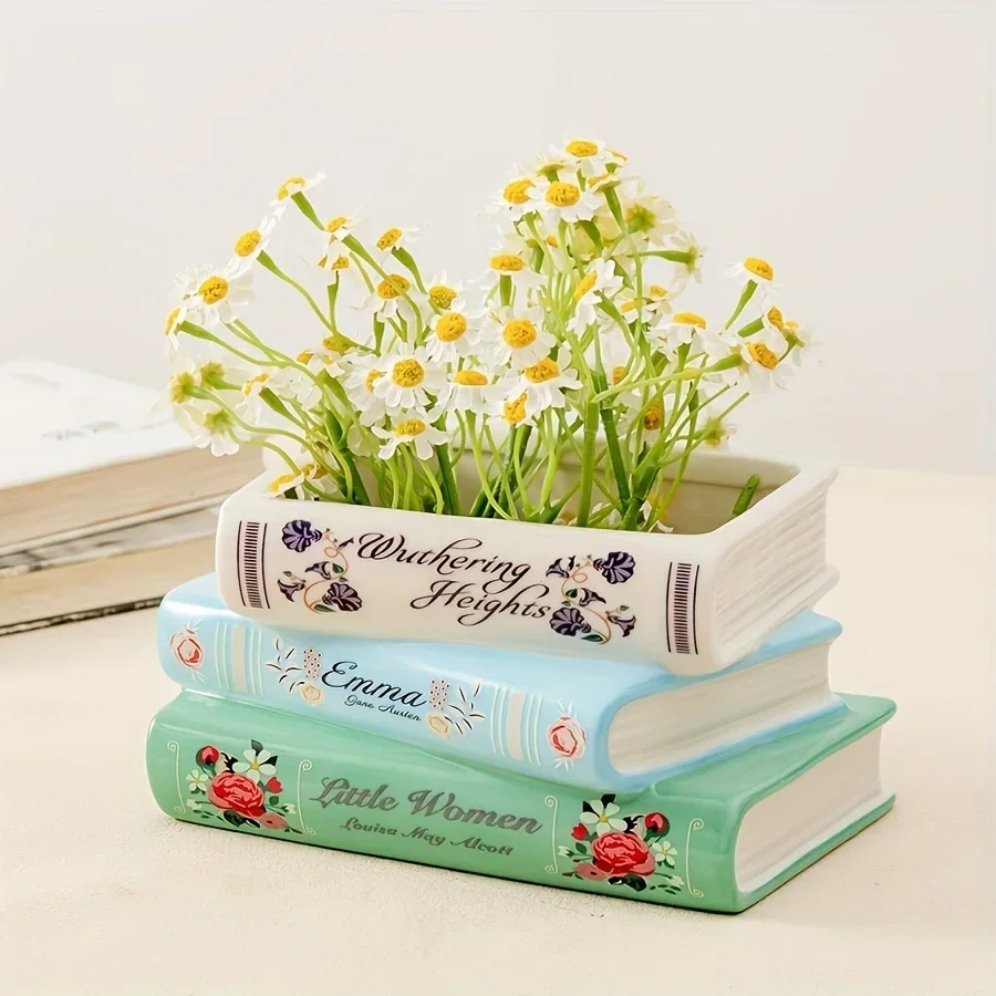 1 Creative Three-Layer Book Shaped Vase, Unique Home Ceramic Flowerpot