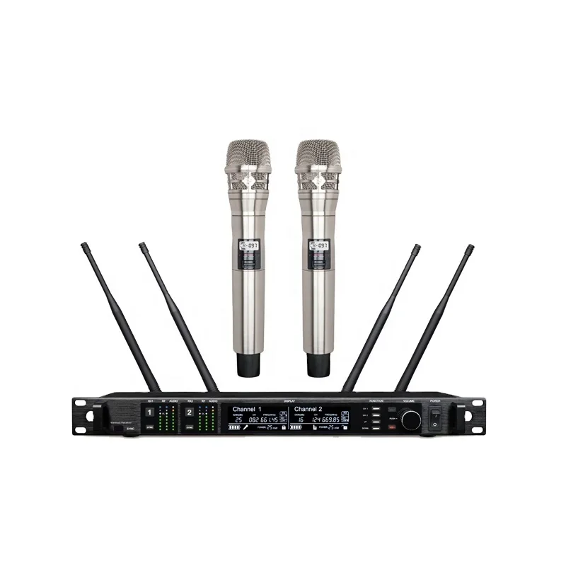 

AD4D 2 Channel Dual UHF True Diversity Digital Professional Wireless Karaoke Mic Metal Silver Mic with KSM8 for Performance