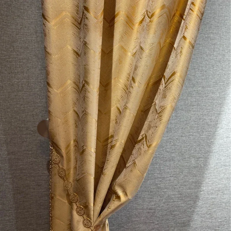 

Champagne Gold Water Ripple Jacquard Cushion Fabric Curtain Tulle Gold Thread Curtains For Living Dining Room Bedroom