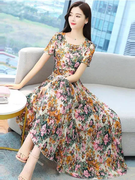 

Ele Floral Ice Silk Dr Mommy Sle Лето Новое поступление Agel aceful Long Dr Повседневная юбка трапециевидной формы Дышащая кожа...