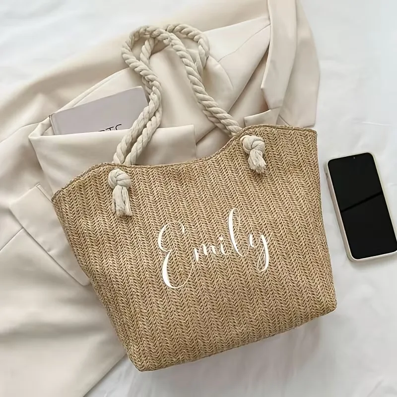 Personalized Custom Name Straw Tote Bag Rope Handle Woven Beach Bag Summer Vacation Handbag Customized Script Letter Gift Bags