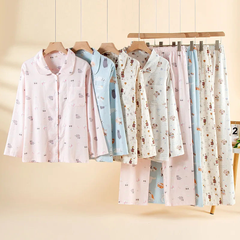 

100％ Cotton Autumn and Winter Women Pajamas Long-sleeved Trouser Ladies Pajamas, Home Service Sleepwear Women Homewear