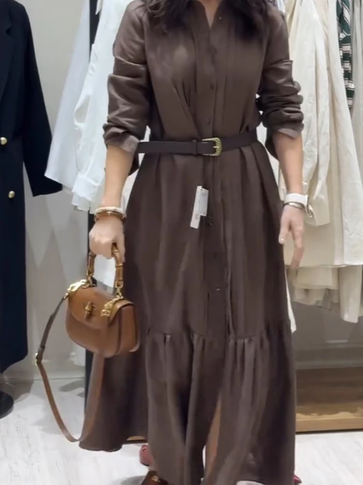 أنيقة التنقل مطوي قميص فستان موضة التلبيب زر جيب الصلبة فستان طويل 2025 عادية كم طويل فستان الحفلات النسائية #1