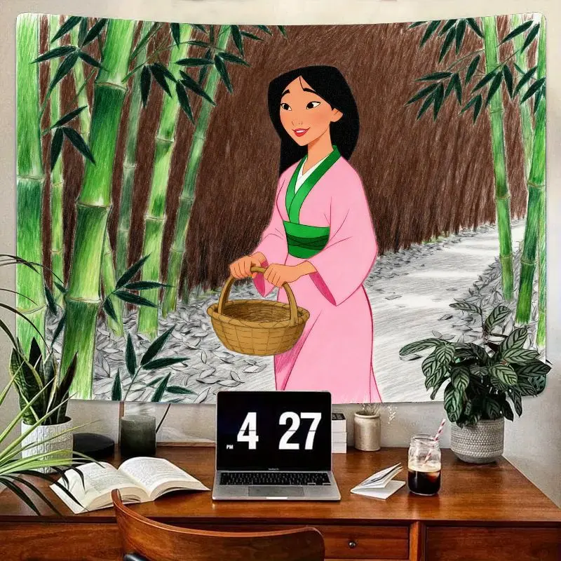 

1 шт., гобелен с розовым кимоно Диснея Мулан, настенное искусство из бамбукового леса, современный декор комнаты из полиэстера, подарок для фанатов Диснея Мулан