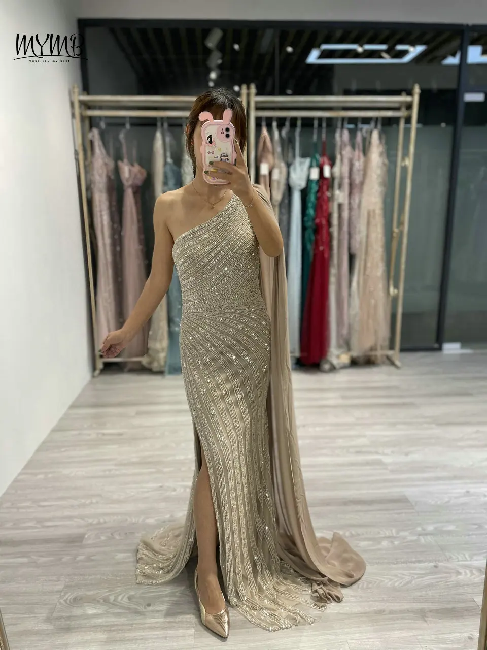 MYMB Elegant One Shoulder Cape Sleeve Champagne Evening Outfit for Women Party Gorgerous Beaded Mermaid High Split Long Dresses