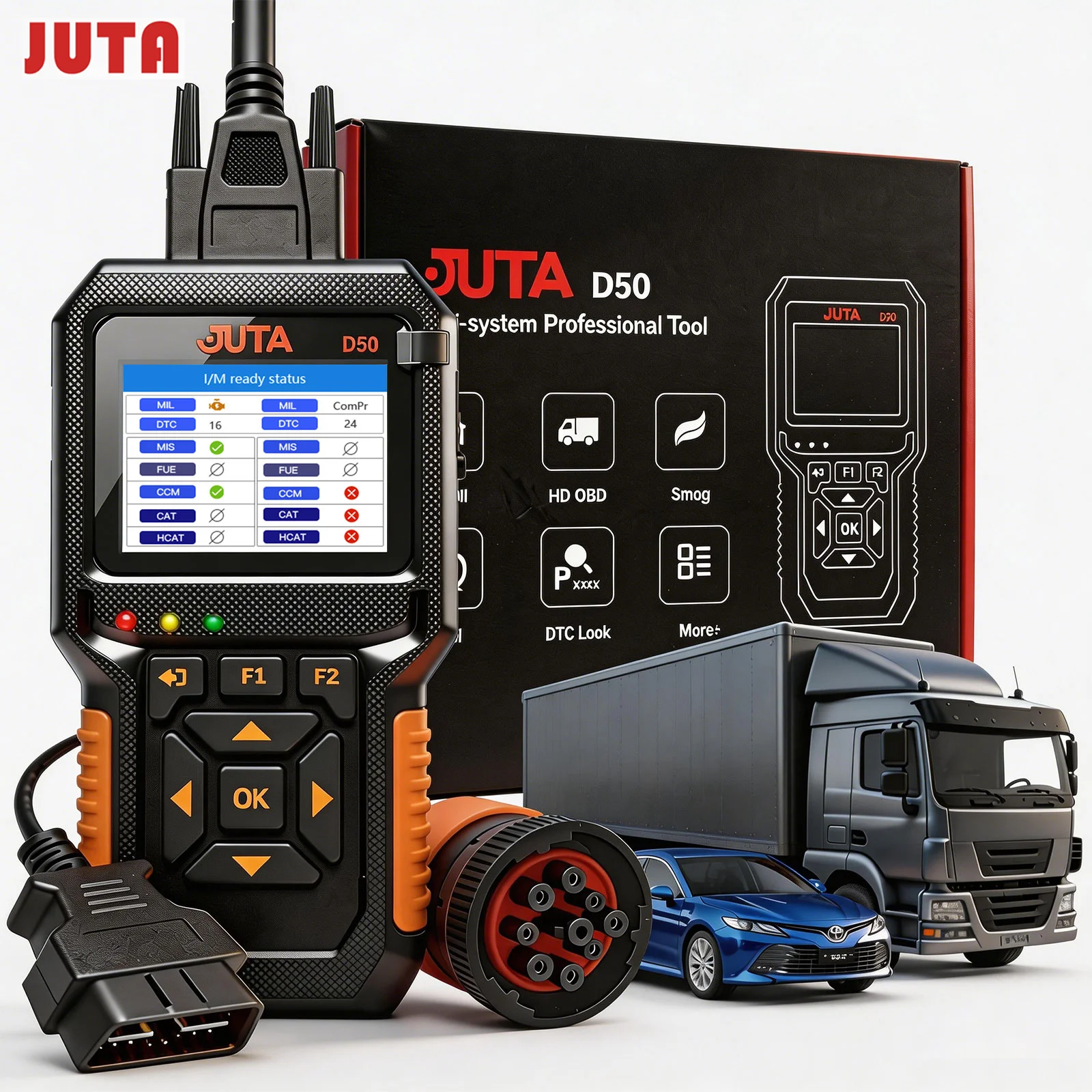 JUTA D50 OBD2 Scanner 2 in 1 Scan Car and Trucks Code Reader Heavy-duty Diesel HD OBD Diagnostic Tool Auto Erase Engine Faults