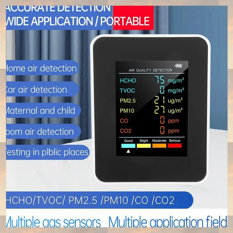 2025 جديد-3X 6 في 1 PM2.5 PM10 HCHO TVOC CO CO2 كاشف جودة الهواء CO CO2 الفورمالديهايد مراقب جهاز اختبار جودة الهواء المنزلي، أبيض