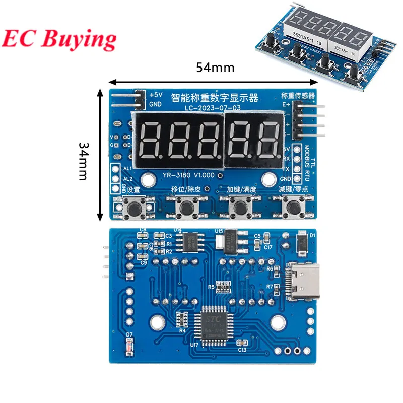 HX711 Load Cell AD Weight Pressure Sensor AD Module Display 24-bit Weighing Instrument Electronic Scale Type-C 5V TTL Modbus RTU