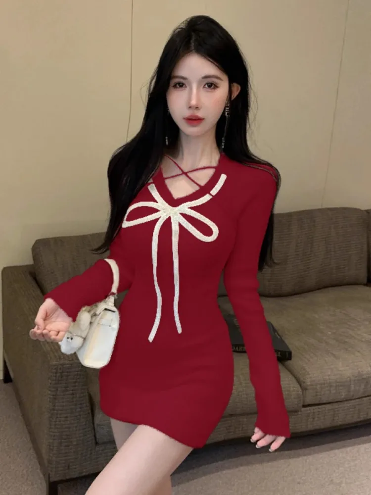 Kimotimo Sexy Bow Y2k Knit Dress Women French Temperament Long Sleeve Waist Slim Wrapped Short Dresses Spicy Girl Party Vestidos