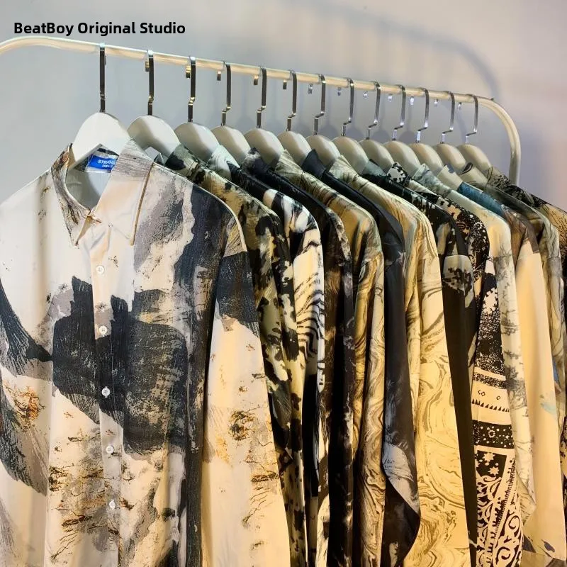 

Loose Long Sleeve Dyed Painting Flower Men's Shirt Vintage Style Casual Outerwear for Couples Youth Fashion Autumn Polyester