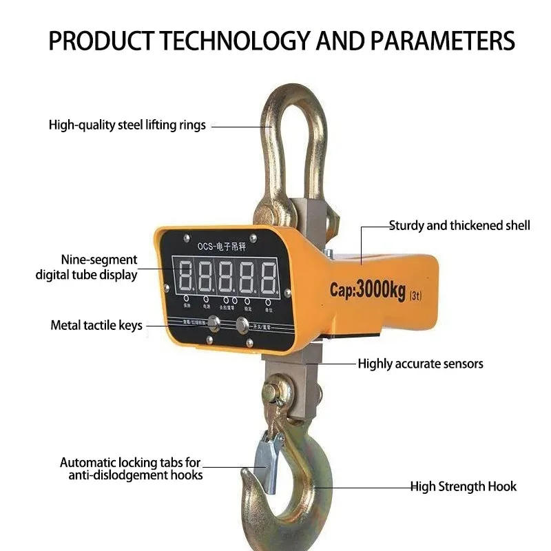 3T Digital Hanging Scale with Visible LED Display Hoist Electronic Scales Hook Rechargeable Heavy D-uty Industrial Crane Scale