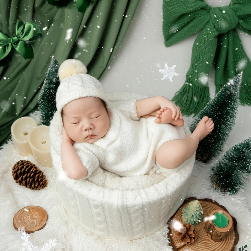 

Knit Christmas Baby Outfit Photography Clothing Newborn Knit Jumpsuit with Hat Scene Backdrop DIY Christmas Photoshoot Props