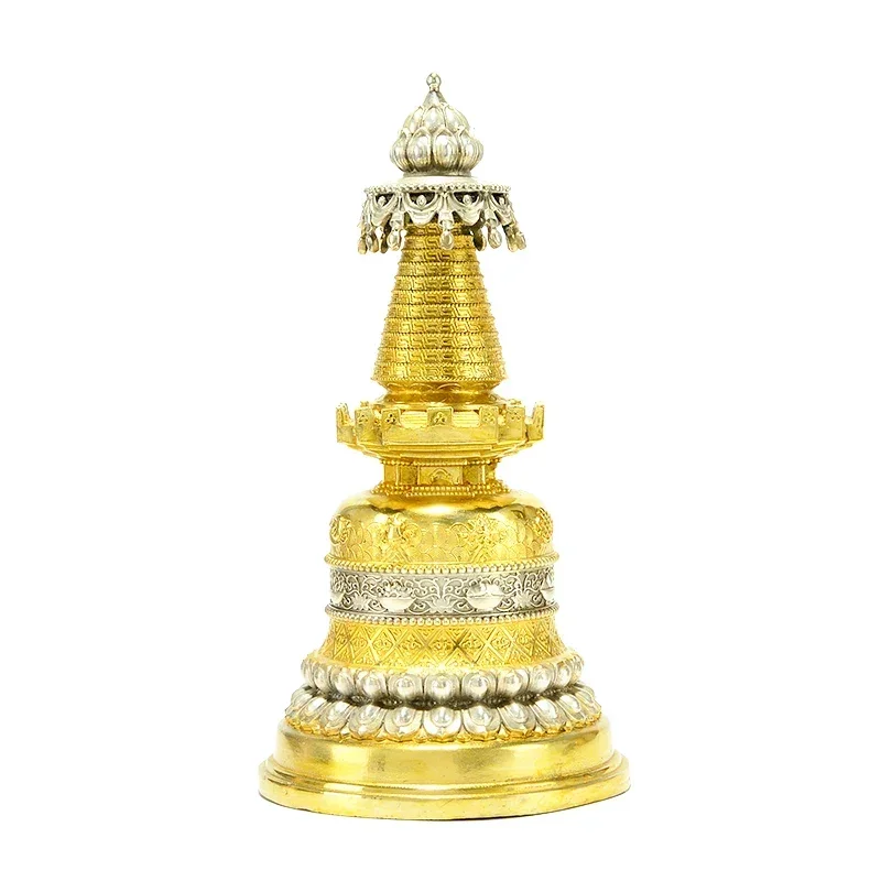 8.2 Inch Tibetan Buddhism Gilt Stupa Statue Temple Style Spiritual Tower Figurine Cultural Religious Home Decoration Ornament