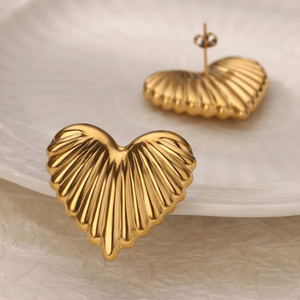 Mariasz Minimalist Stainless Steel Stud Earrings for Women Puffy Stripe Ribbed Heart Gold Color Vintage Trendy Ear Jewelry Gift