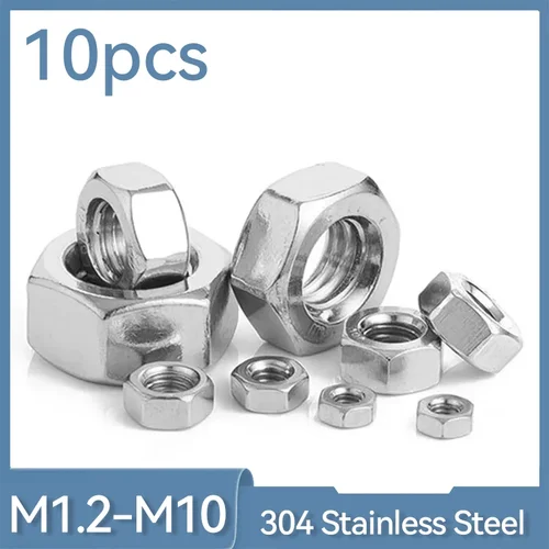 10 unids/lote M2 M2.5 M3 M3.5 M4 M5 M6 M8 M10 304 tuercas hexagonales de acero inoxidable