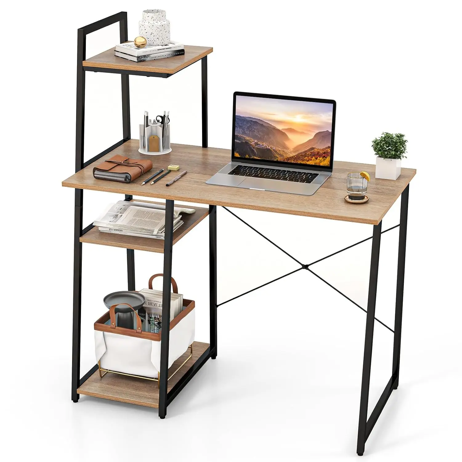 

Computer Desk with 3-Tier Ladder Storage Shelves Metal Frame Compact Home Office Study Workstation Natural,Customized