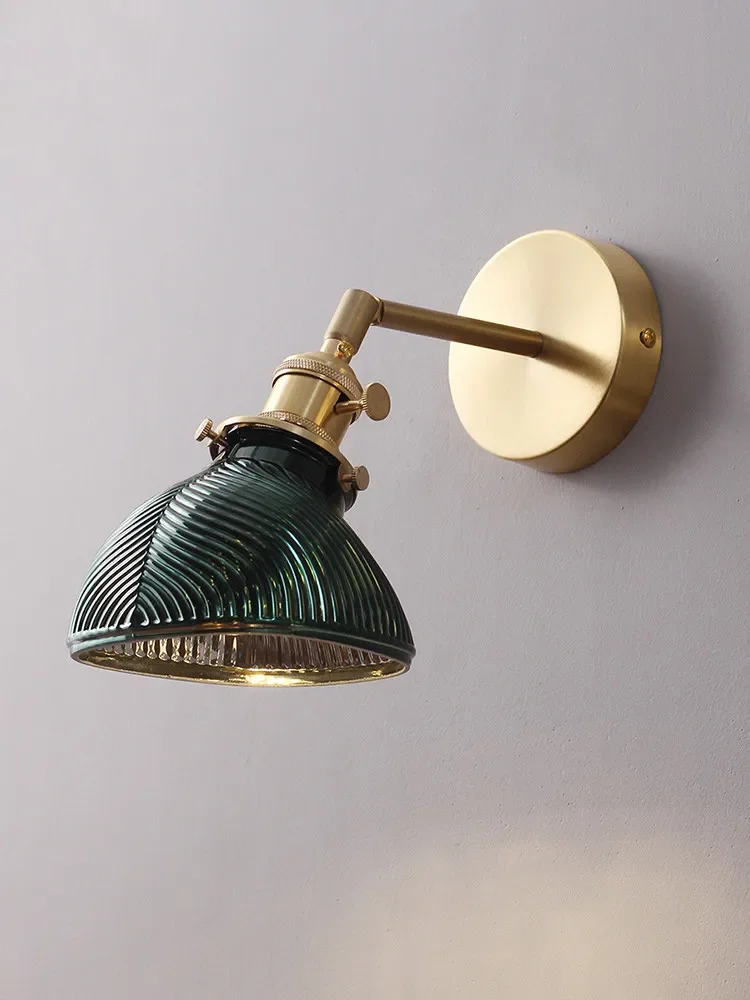 Retro dark green leaf pattern emerald brass glass bedroom  living room bedside Nordic mirror front wall lamp