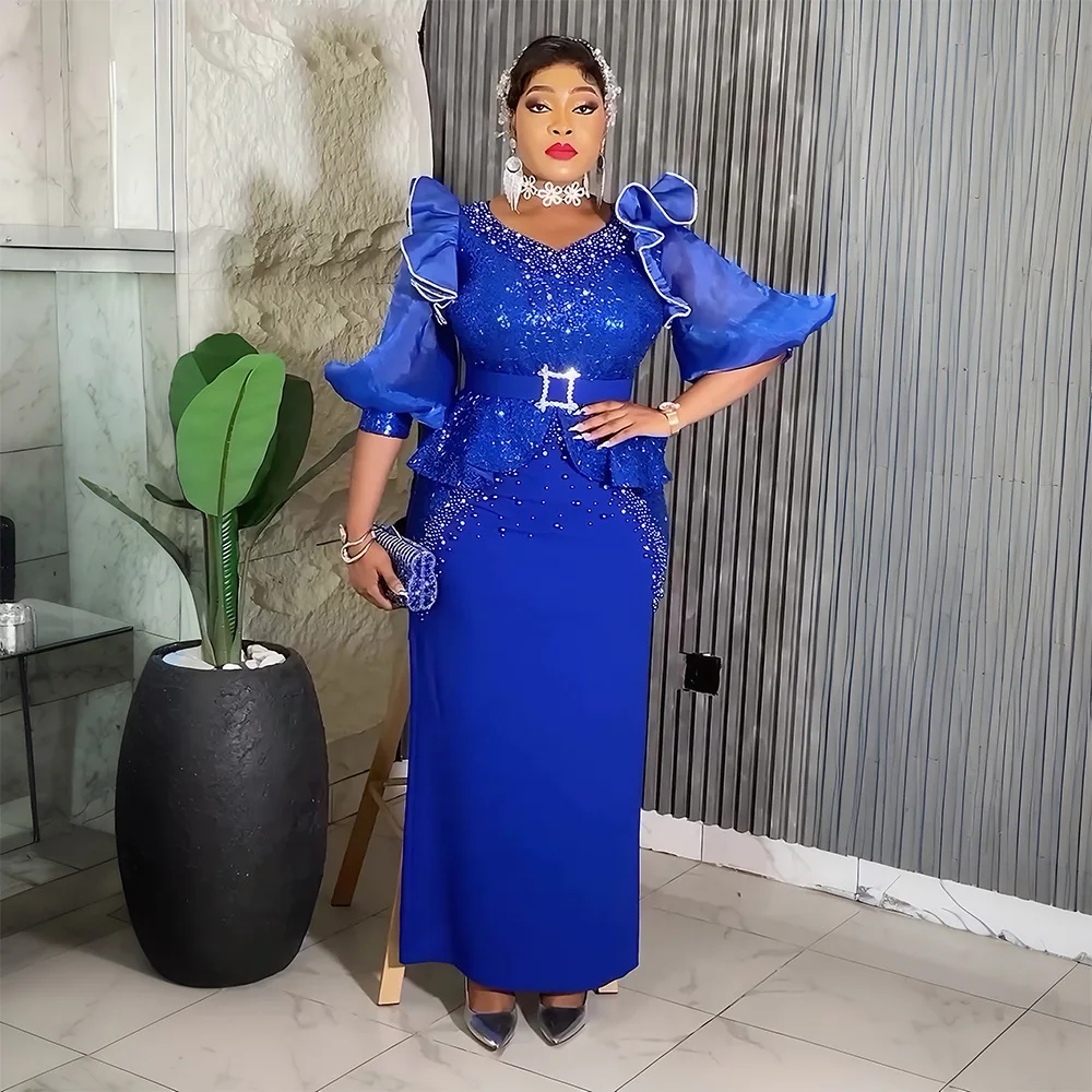 

African Party Dresses for Women 2025 Plus Size Dashiki Sequin Maxi Long Dress Elegant Turkey Muslim Wedding Evening Gown