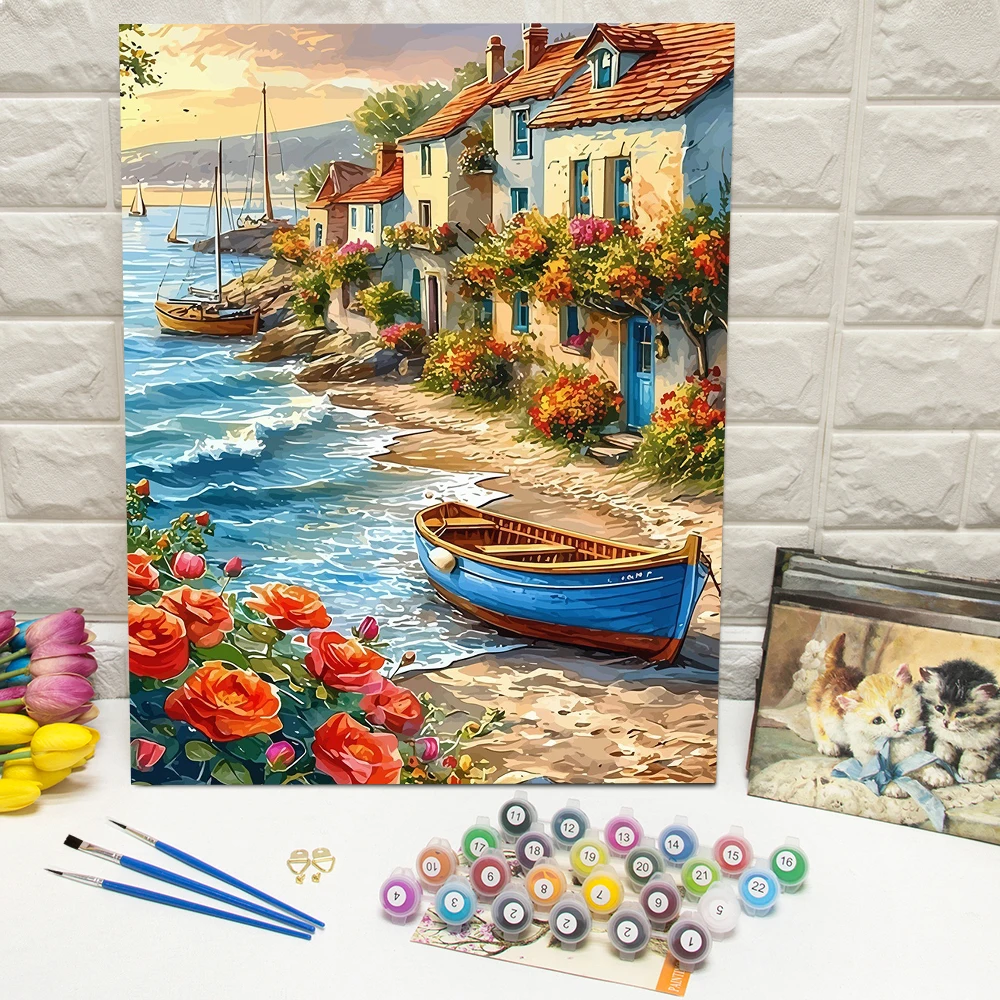 DIY Ölgemälde nach Zahlen Bootshaus-Landschaft Digitales Ölgemälde Blumen-Bastelsets Wohnzimmer Moderne Heimdekoration