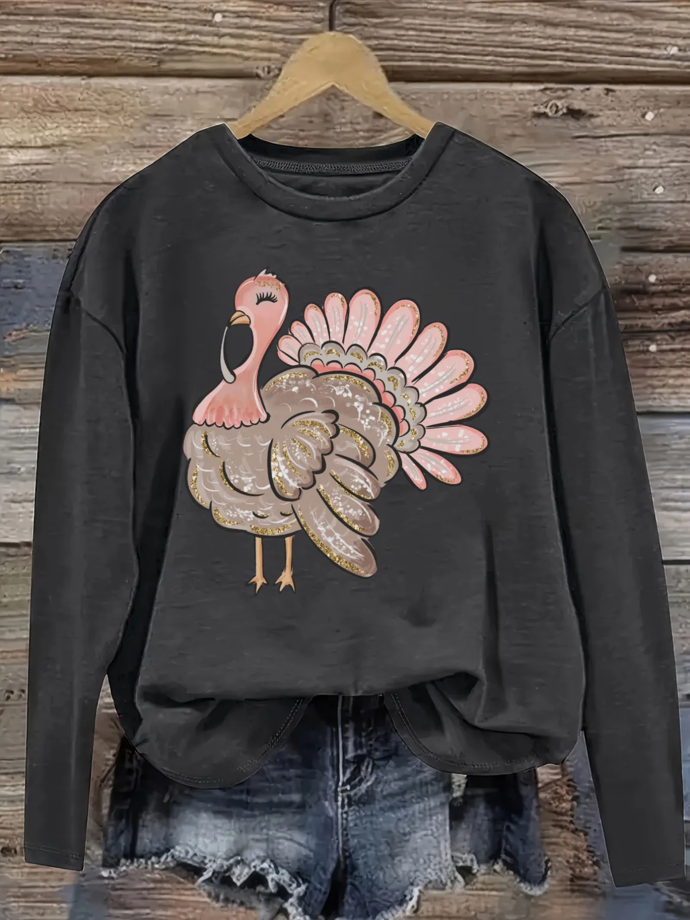 Women's Casual Long Sleeve Crew Neck T-Shirt Cute Turkey Graphic Print Design Design, Round Neck Women's Clothing, Machine Washable, Slightly Elastic, Loose Fit, Spring Autumn Winter Women's T-Shirt, Halloween Costume Outfit