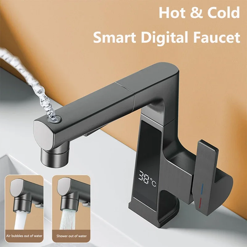 

Digital Display Pulling Faucet Intelligent Temperature Sensor Brass Washbasin Taps Rotating Lifting Cold and Hot Water Mixer Tap