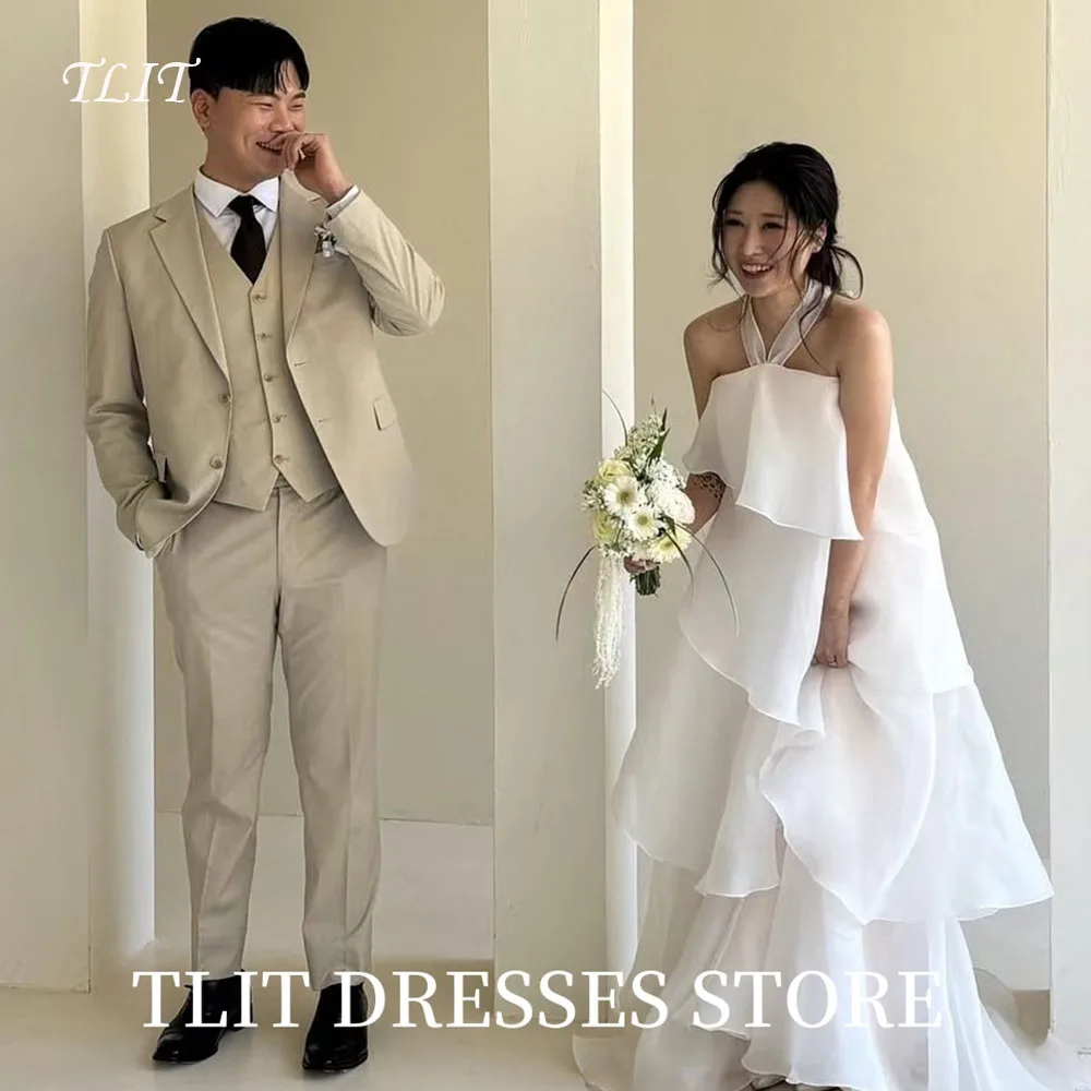 TLIT Elegant สีขาวชีฟองฉัตรชุดแต่งงาน Halter ชุดเจ้าสาวเกาหลีชุดแต่งงานถ่ายภาพที่กําหนดเอง