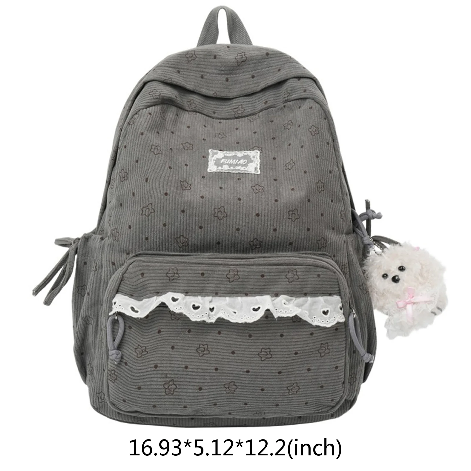 Polka Dot Print Floral Printed Kawaii Backpack with Plush Pendant Laptop Daypack Lace Trim Cottagecore  Bag for Women
