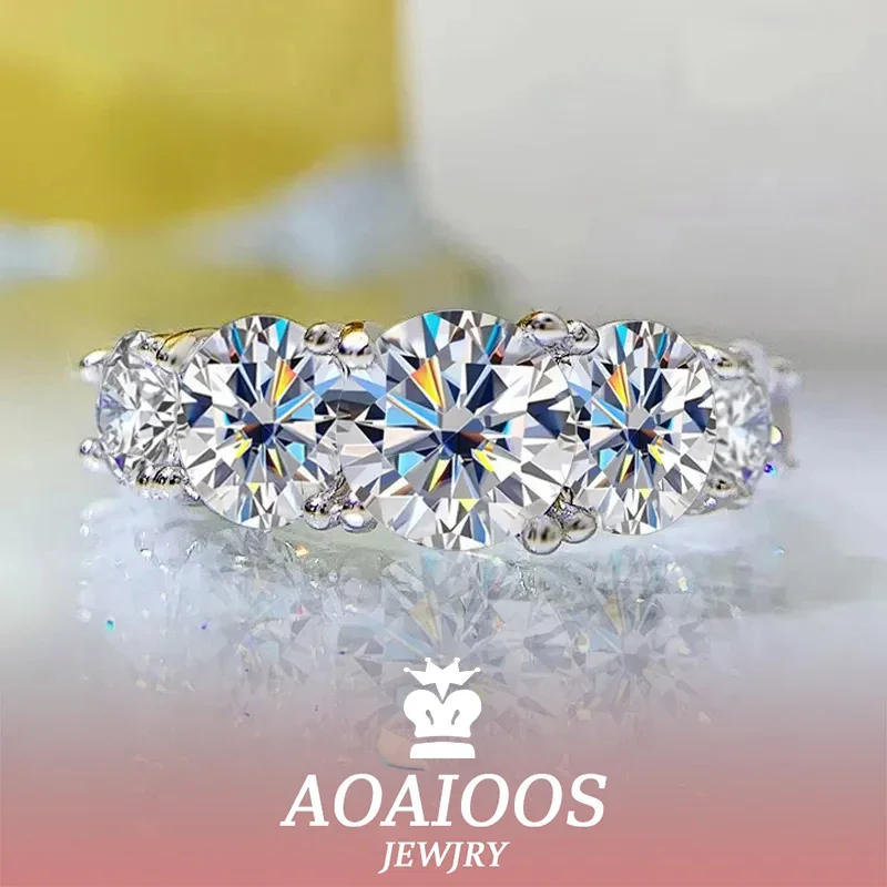 

AOAIOOS 18k Plated 3.6CT All Moissanite Rings for Women 5 Stones Sparkling Diamond Wedding Band S925 Sterling Silver Jewelry GRA