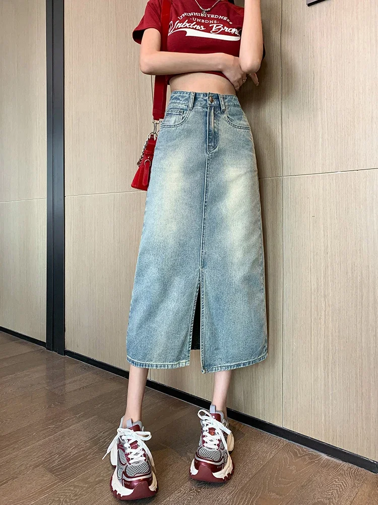 Long denim women jeans skirt split washed streetwear casual high waist skirt female 2024 y2k slit no stretch midi skirt femme