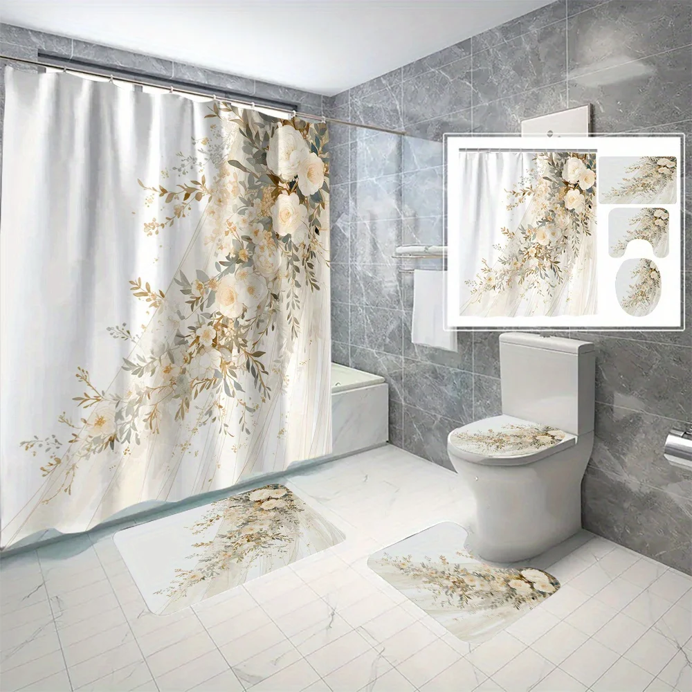 

4 шт., занавеска для ванной комнаты с желтым цветком, полиэстеровая занавеска для душа с цифровой печатью, занавеска для душа без сверления, занавеска для перегородки ванной комнаты