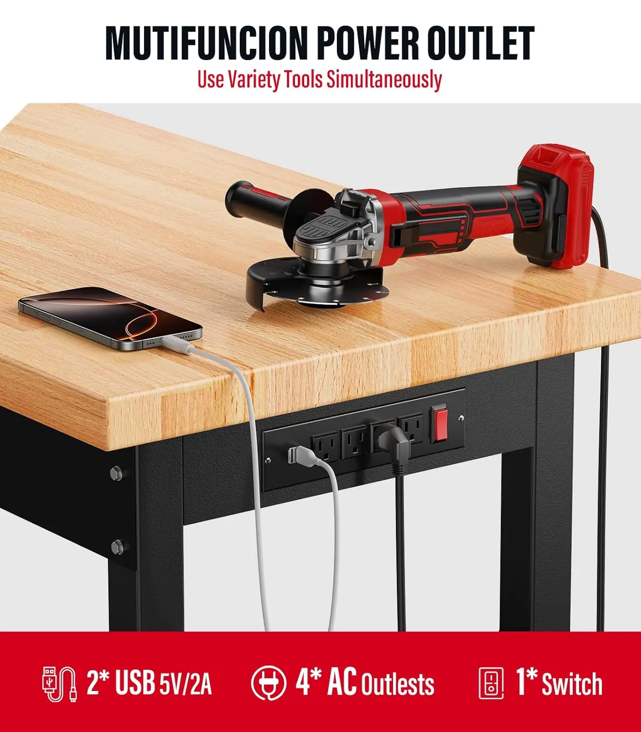 Adjustable Heavy Duty Garage Work Bench Table,Hardwood Top 2000 LBS Load Worktable,Rolling Mobile Workbench with Power Strip.