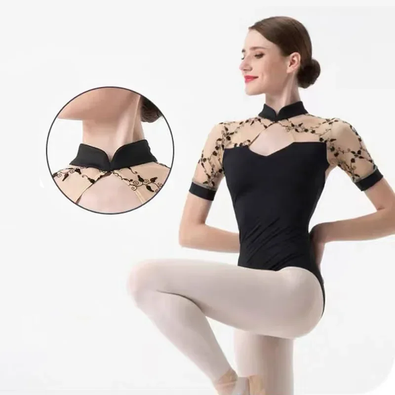 Short Sleeves Ballet Leotard for Women Stand-up Collar Embroidered Lace Gymnastics Jumpsuit Adult Yoga Clothes Dance Costume