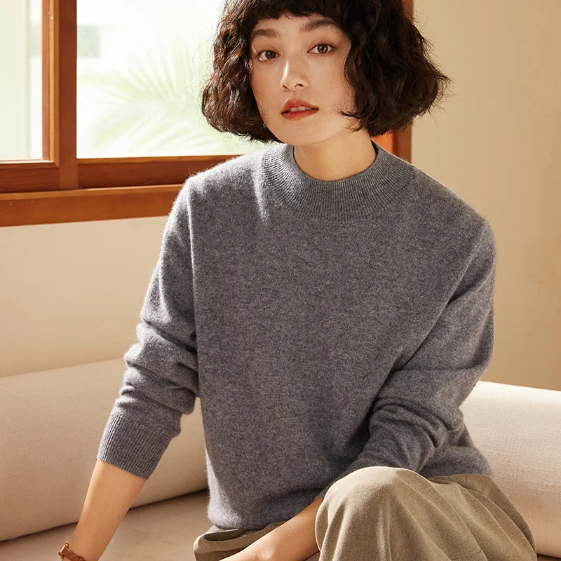 2025 Autunno/Inverno Nuovo Maglione da Donna 100% Cashmere Mezza Collo Alto Felpa con Cappuccio Lavorato a Maglia Tinta Unita Casual Top da Donna