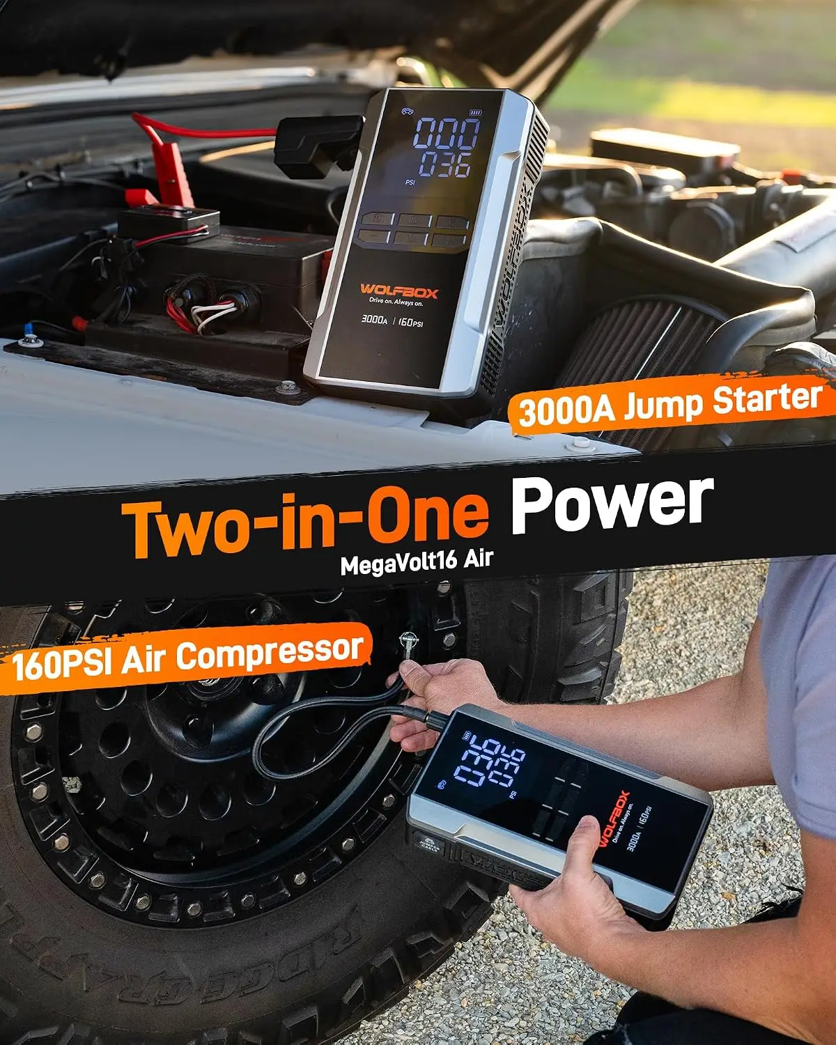 3000A Portable Car Jump Starter with Air Compressor, 59.2Wh 160PSI 12V Battery Pack for 8L Gas & 6L Diesel Engines, 65W Fast Charging, Boost Function, LED Light and Jumper Cables Included